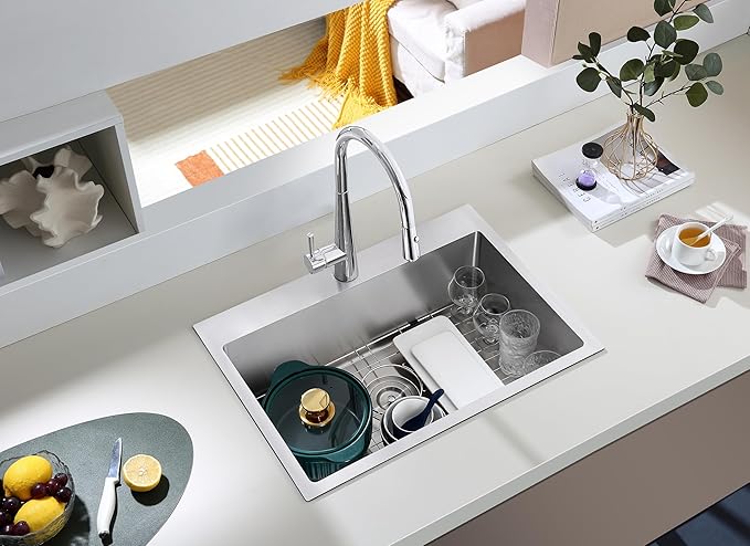 MENATT 24x18 Inch Drop in Kitchen Sink, 304 Stainless Steel Single Bowl with Bottom Grid Mat & X-Shape Drain, 9" Deep Compact Sink for Small Kitchen, Apartment, Wet Bar, Office Pantry, Laundry Room