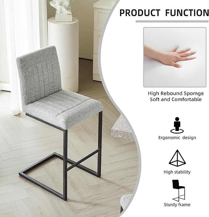26" Counter Height Bar Stools Set of 2, Modern Upholstered Chairs with Vertical Tufted Backrest & Footrest, Metal Frame for Kitchen Island, Home Bar (Light Gray Knitted)