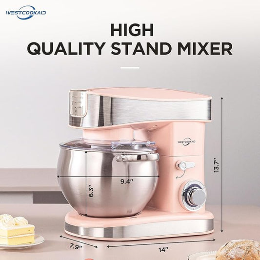 Stand Mixer, 6-Speed with Pulse Food Mixer Tilt-Head, 6.3-QT Large Mixer, WESTCOOKAID Kitchen Electric Mixer with Dough Hook, Wire Whip & Beater, Pink