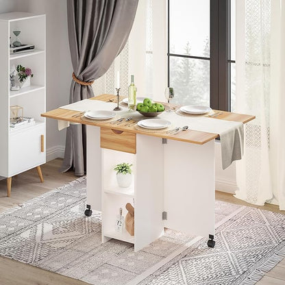 Mondeer Folding Dining Table, Drop Leaf Kitchen Table with 1 Drawer and 2 Open Storage Shelves Small Space Dining Room Kitchen Modern (White & Red Oak)