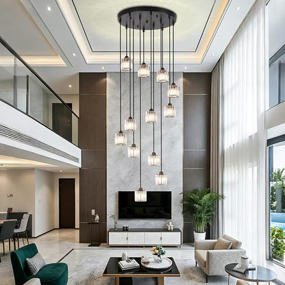Long Chandeliers for High Ceilings Raindrop Crystal Chandelier for High Ceilings, Modern Staircase Foyer Crystal Pendant Light Raindrop Drop Lamp Chandelier for Entryway 12-Light Black