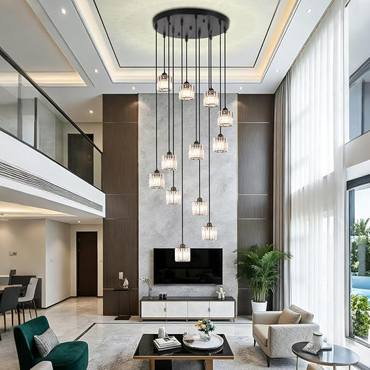 Long Chandeliers for High Ceilings Raindrop Crystal Chandelier for High Ceilings, Modern Staircase Foyer Crystal Pendant Light Raindrop Drop Lamp Chandelier for Entryway 12-Light Black
