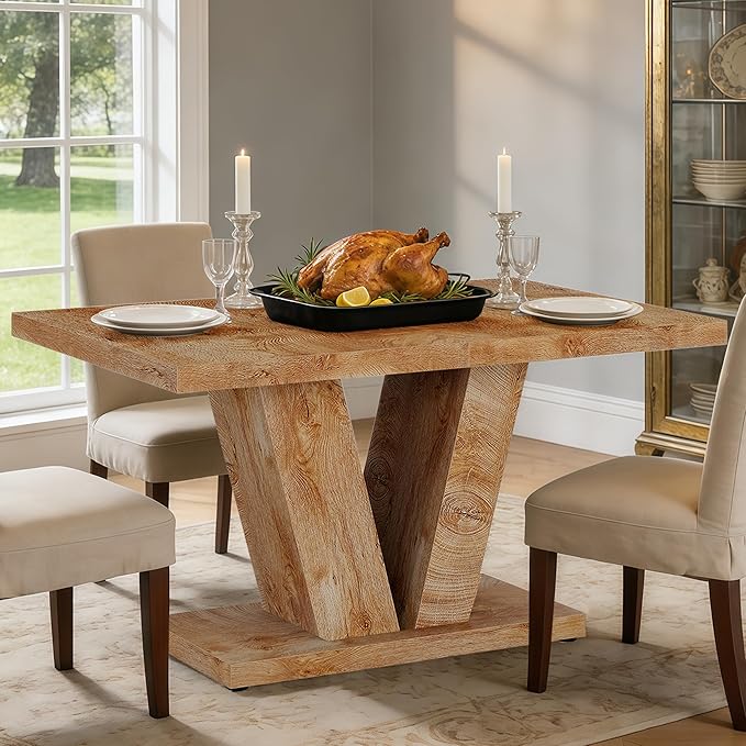 Oigavfd 47 Inch Dining Table, Rectangular Kitchen Table for 4 with Heavy Duty Pedestal Base, Modern Farmhouse Wood Dining Table for Dining Room, Kitchen, and Small Space (Light Oak Brown)