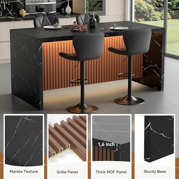 67" Kitchen Island Table Set with 4 Bar Stools, Faux Marble Top Island Table, Counter Height Dining Table Set for Kitchen & Dining Room