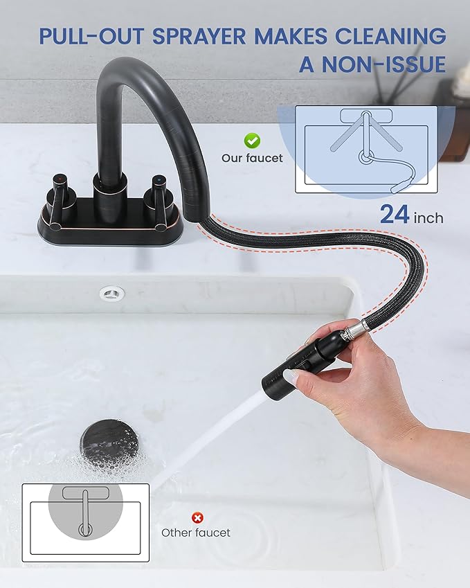 Bathroom Faucet with Pull Out Sprayer, Oil Rubbed Bronze Bathroom Faucet 3 Holes, 2 Handle Bathroom Sink Faucet with 360 Degree Swivel Spout, Pop Up Drain Assembly Included