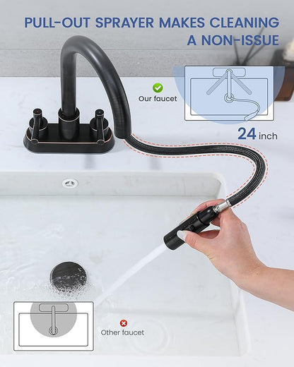 Bathroom Faucet with Pull Out Sprayer, Oil Rubbed Bronze Bathroom Faucet 3 Holes, 2 Handle Bathroom Sink Faucet with 360 Degree Swivel Spout, Pop Up Drain Assembly Included