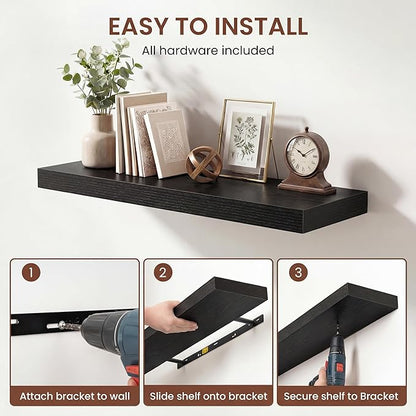 Dreamland 36 Inches Floating Shelves for Wall, 9.3" Deep Long Floating Shelves Set of 2, Large Display & Storage Shelf, Wall Shelf for Bathroom Bedroom Living Room Kitchen Office, Black
