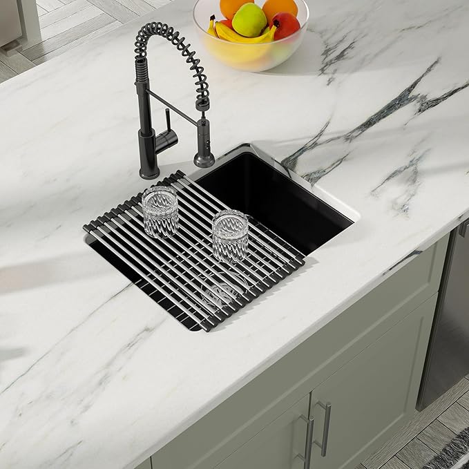 22 x 17 Undermount/Drop-in Kitchen Sink, Single Bowl Quartz Granite Composite Sink, Matte Black, Center Drain for Small Kitchen & Remodel, #DC-GU7747