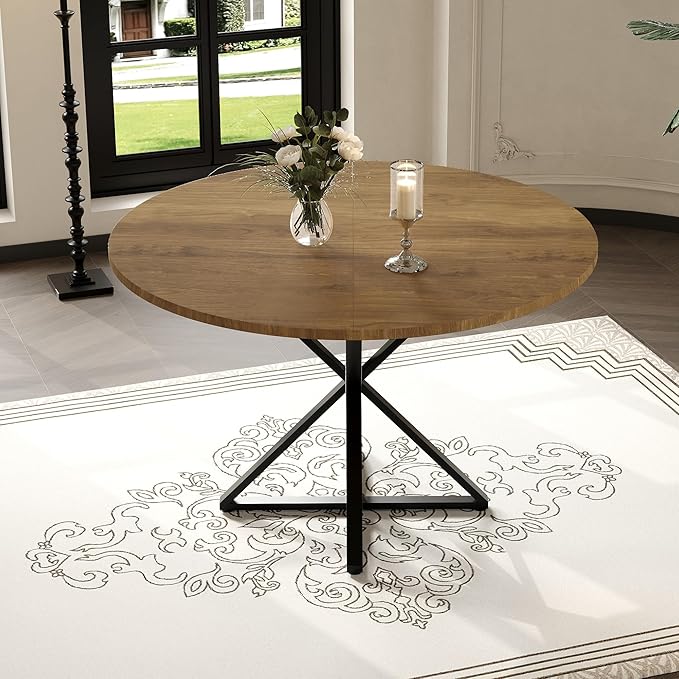 GarveeHome 47 Inch Round Dining Table for 4, Circle Kitchen Table with Pedestal Base, Farmhouse Wooden Dining Table for Small Spaces, Kitchen & Dining Room, Living Room（Brown/Only Table）
