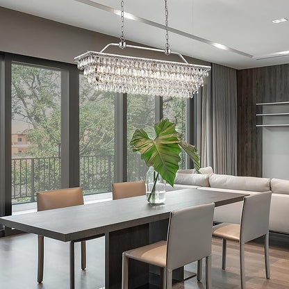 Edvivi Rectangular Linear Crystal Chandelier 40 in. W, 6 Lights Luxury Glam Adjustable Ceiling Lighting Fixture with 4 Rows of Teardrop Crystals for Living Dining Room Kitchen Island, Antique Silver