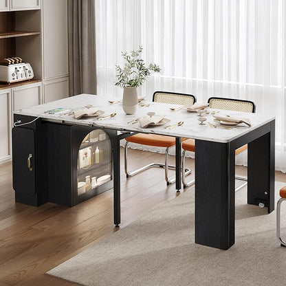 Extendable Console Dining Table with Power Outlet & Iron Support Legs, Console Table with Extension Leaves Holder & LED Lights Glass Door Storage for Dining Room (Black)
