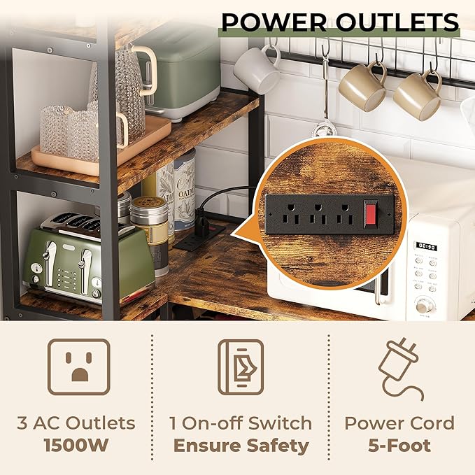 IRONCK Corner Bakers Rack with Power Outlet, Coffee Bar 6 Tier with Storage Cabinet, Vintage Industrial Microwave Stand with 6 Hooks, Kitchen Shelves with Wire Basket, Rustic Brown