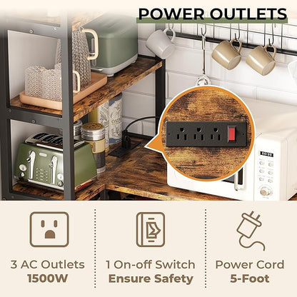 IRONCK Corner Bakers Rack with Power Outlet, Coffee Bar 6 Tier with Storage Cabinet, Vintage Industrial Microwave Stand with 6 Hooks, Kitchen Shelves with Wire Basket, Rustic Brown