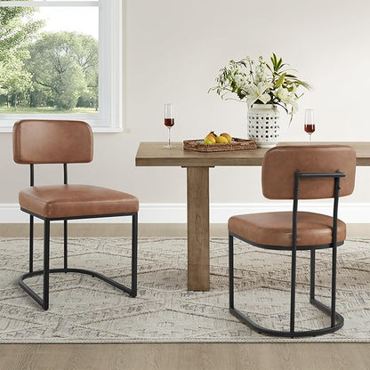 KISLOT Dining Chairs Set of 6, Upholstered Modern Kitchen Chairs with Ergonomic Backrest, Faux Leather Cushion Seat & Metal Legs for Living Room, Restaurant, and Café, Brown, 2 Boxs