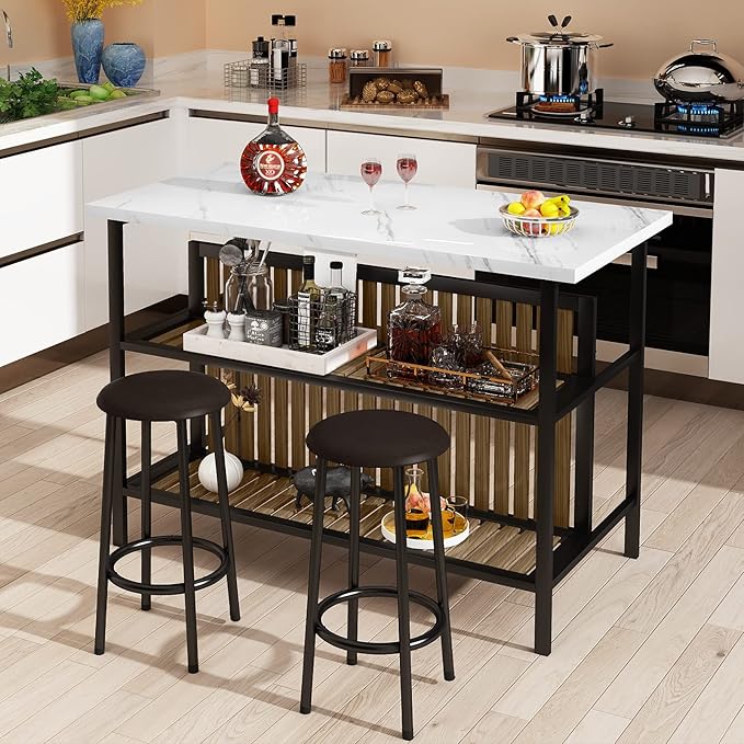 AWQM Kitchen Island with Seating & Storage Shelf, Faux Marble Island Table for Kitchen, Modern Bar Table and Chairs Set for 2,Dining Table Set for Small Space,White