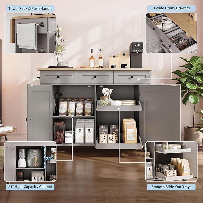 GarveeHome Rolling Kitchen Island with Drop Leaf Countertop, Charging Station & Ample Storage - 47.2 in Mobile Kitchen Cart On Wheels with Pull-Out Shelves, Drawers, Spice Rack & Organizer Divider
