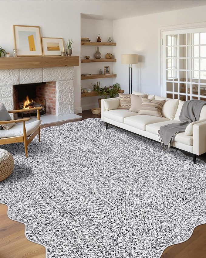 Imitation Braided Collection-Print 10x13 Area Rug for Living Room Large Washable Rug with Non-Slip Rubber Backing, Non-Shedding Stain Resistant Thin Foldable Carpet - Light Grey