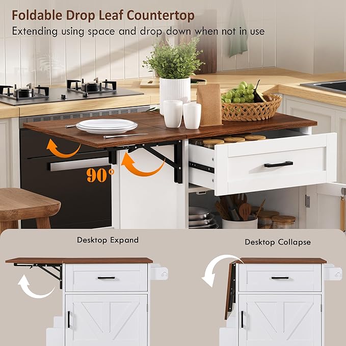 39.3" Farmhouse Kitchen Island with Drop Leaf and Open Side Rack, Small Kitchen Rolling Cart with Drawer and Storage Cabinet, Mobile Dining Table with Lockable Wheels and Towel Rack for Garden White