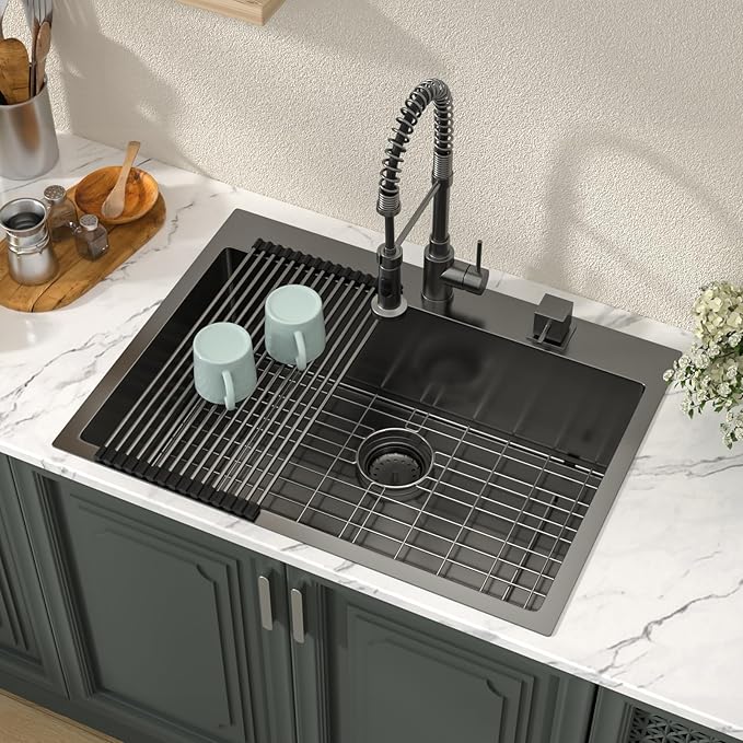 Lordear 30x22 Kitchen Sink Black Drop In Single Bowl 16 Gauge Stainless Steel Gunmetal Black 30 Inch Topmount Kitchen Sinks 30" Basin