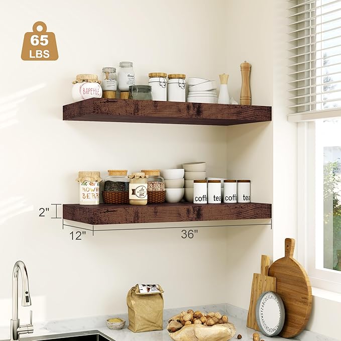 Heimlove 12" Deep Rustic Brown Floating Shelves,Over Toilet Long Wall Mounted Modern Farmhouse 36 inches,Wall Shelves with Invisible Brackets for Bedroom, Bathroom, Living Room, Kitchen, Set of 1
