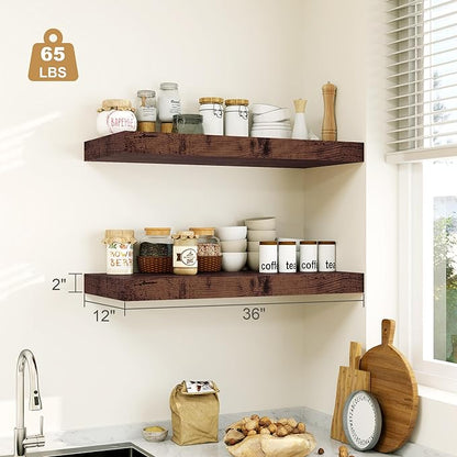 Heimlove 12" Deep Rustic Brown Floating Shelves,Over Toilet Long Wall Mounted Modern Farmhouse 36 inches,Wall Shelves with Invisible Brackets for Bedroom, Bathroom, Living Room, Kitchen, Set of 1