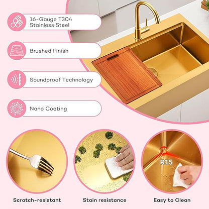 Rhbamoa Gold Farmhouse Sink 28 inch,16 Gauge T304 Stainless Steel Drop in Farm Sinks,Gold Single Bowl Apron Front Kitchen Farm Sink,10 Inch Depth Topmount Workstation Sinks with All Accessories