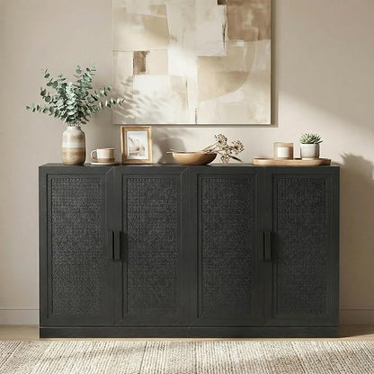 Casaphoria Adam Sideboard Buffet Cabinet with Storage, Sideboard Cabinet with Rattan Doors & Adjustable Shelves, 62" W x 36" H Coffee Bar for Entryway Kitchen Living Room, Black