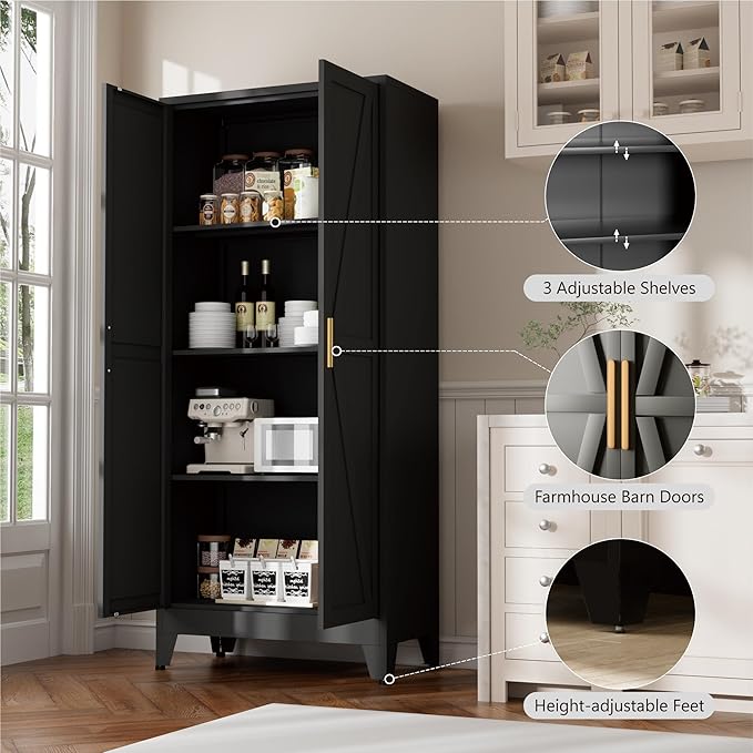 Bevivog 61" Kitchen Pantry Cabinet, Farmhouse Metal Storage Cabinet with 2 Doors and 3 Adjustable Shelves, Metal Pantry Closet Cabinets for Kitchen Bathroom, Home Office, Living Room