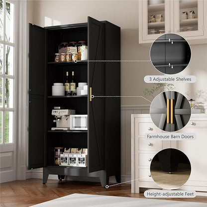 Bevivog 61" Kitchen Pantry Cabinet, Farmhouse Metal Storage Cabinet with 2 Doors and 3 Adjustable Shelves, Metal Pantry Closet Cabinets for Kitchen Bathroom, Home Office, Living Room