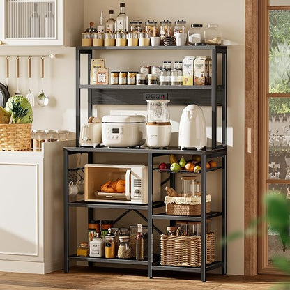 SUPERJARE Bakers Rack with Power Outlet, 35.4 Inches Coffee Bar with Wire Basket, Kitchen Microwave Stand with 6 S-Shaped Hooks, Open Storage Shelves, Black
