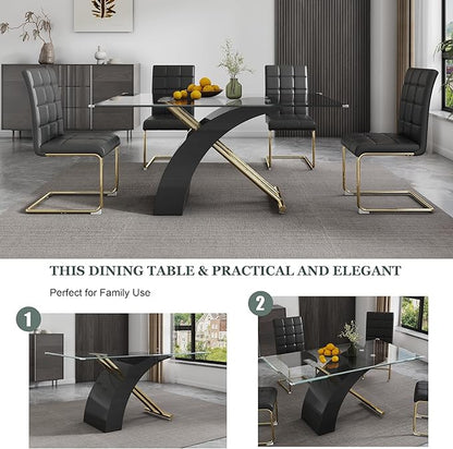 63" Rectangle Glass Dining Table, Black Modern Kitchen Table with Tempered Glass Tabletop and Gold X-Shaped MDF Base, Dining Room Table for 4-6, for Kithchen, Living Room