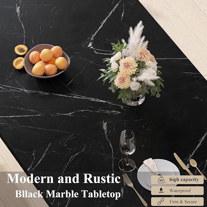 HSH Black Faux Marble Dining Table, 63 inch Modern Dinner Table for 6 Person, Farmhouse Rectanglur Kitchen Table for Living Room, Long Wood Dining Room Tables with strong Pedestal, Black Marble, 63 In