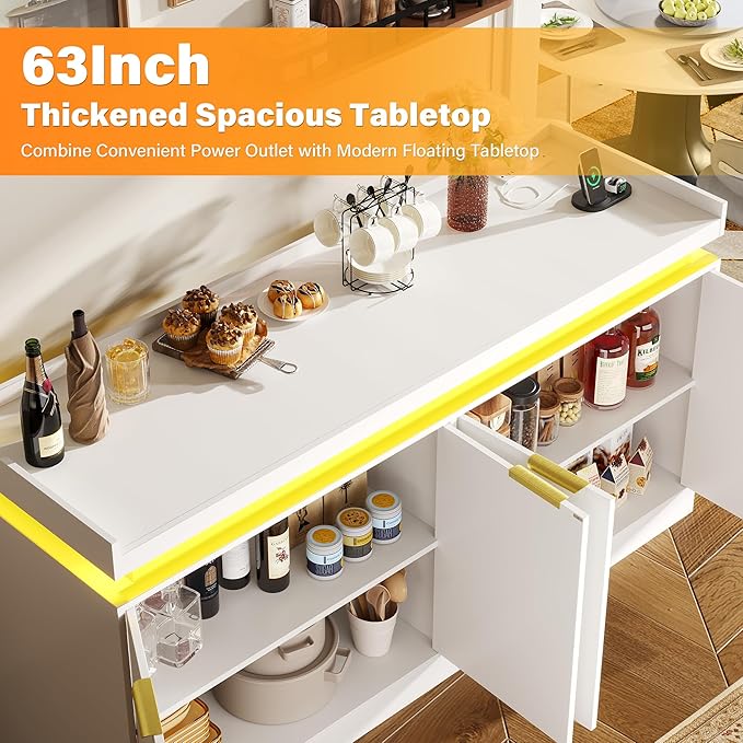 UNIQUITE 63" Sideboard Buffet Cabinet, Kitchen Buffet Cabinet Storage Cabinets with Power Outlets & LED Light, Modern Sideboard Coffee Bar Buffet Cabinets for Kitchen, Dinning, Living Room