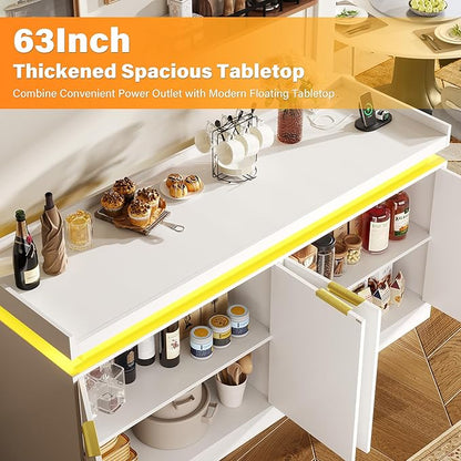 UNIQUITE 63" Sideboard Buffet Cabinet, Kitchen Buffet Cabinet Storage Cabinets with Power Outlets & LED Light, Modern Sideboard Coffee Bar Buffet Cabinets for Kitchen, Dinning, Living Room