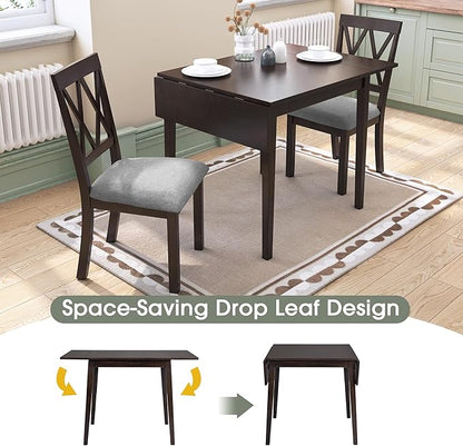 Ball & Cast 5-Piece Farmhouse Drop Leaf Folding Dining Table with Chairs, 29.57"~45.67" Extendable Table w/4pcs Backrest Dining-Chair, Foldable Kitchen Breakfast Set for 4,Space Saving,Espresso