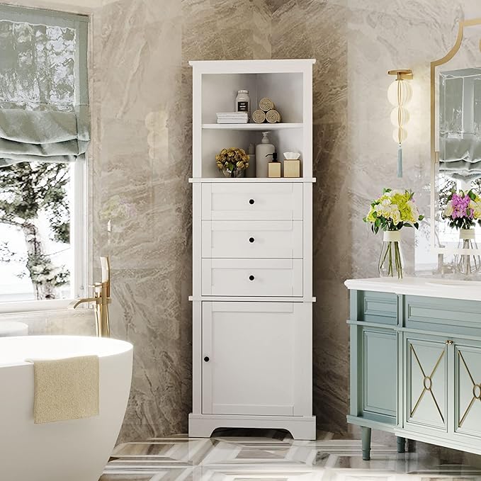 69" H Tall Corner Cabinet with Adjustable Shelves and Drawers, Storage Bookshelf Space Saver for Bathroom or Kitchen, White