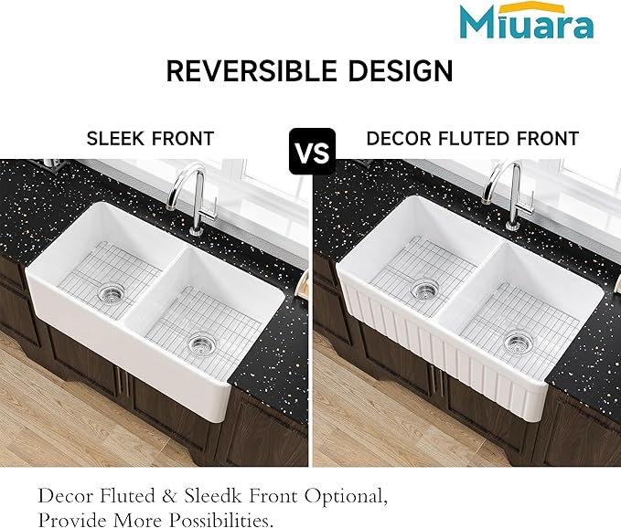 Miuara Farmhouse Sink Double Bowl 33 Inch - White Apron Front Kitchen Sink Reversible 33"x18"x10", Undermount Installation, Farm House﻿ Style Dual Basin 50/50, Heavy Duty Solid Fireclay, for Kitchen
