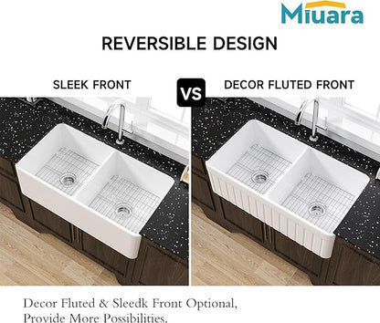 Miuara Farmhouse Sink Double Bowl 33 Inch - White Apron Front Kitchen Sink Reversible 33"x18"x10", Undermount Installation, Farm House﻿ Style Dual Basin 50/50, Heavy Duty Solid Fireclay, for Kitchen