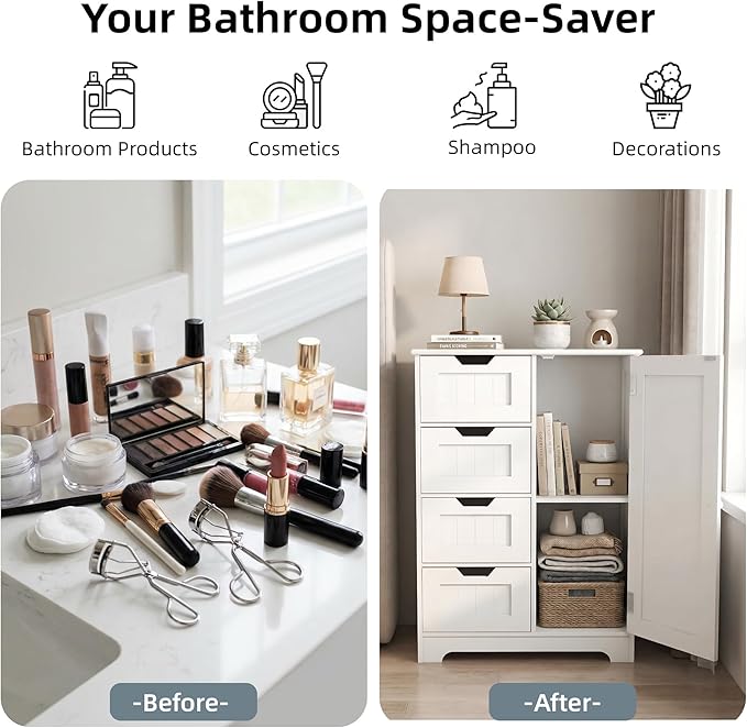 Casaphoria Bathroom Storage Cabinet with Drawers, Freestanding Floor Cabinet with Door and Adjustable Shelf, 4-Drawer Sideboard for Bathroom, Living Room, Kitchen, White