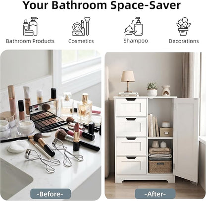 Casaphoria Bathroom Storage Cabinet with Drawers, Freestanding Floor Cabinet with Door and Adjustable Shelf, 4-Drawer Sideboard for Bathroom, Living Room, Kitchen, White