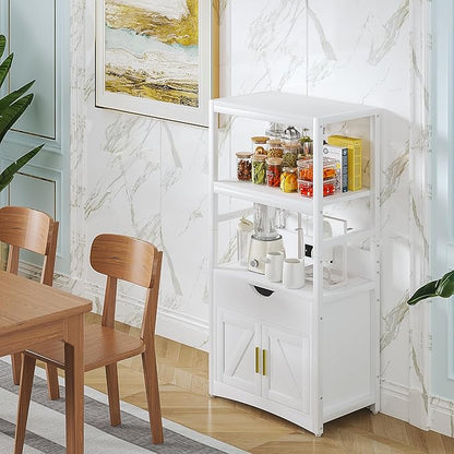 VECELO Freestanding Kitchen Pantry Cabinet, 2-Tier Storage Cupboard with Charging Station & Drawer, Extra Tall & Wide Microwave Shelf, Farmhouse Style, White