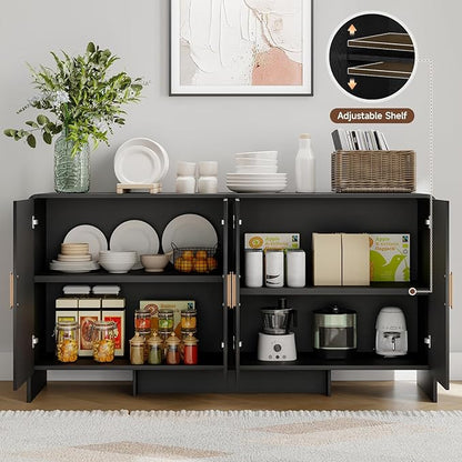 ONBRILL 60" Sideboard Buffet Cabinet with Storage, Curved Design Farmhouse Modern Coffee Bar Cabinet with 4 Doors & Adjustable Shelves for Living Room, Kitchen, Hallway, Black