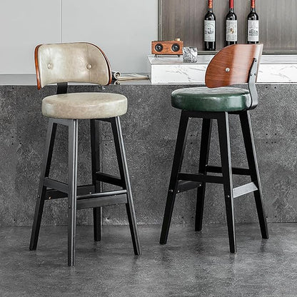 Set of 2/4 Counter Height Stools, 33" Upholstered Faux Leather with Back and Solid Wood Legs, Mid Century Chair for Kitchen Island Dining Room,Green-Set of 2