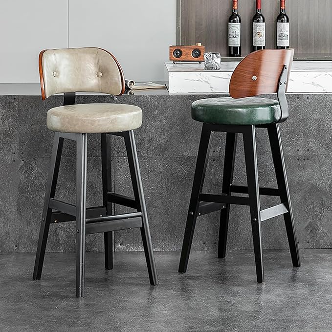Set of 2/4 Counter Height Stools, 33" Upholstered Faux Leather with Back and Solid Wood Legs, Mid Century Chair for Kitchen Island Dining Room,Brown-Set of 2