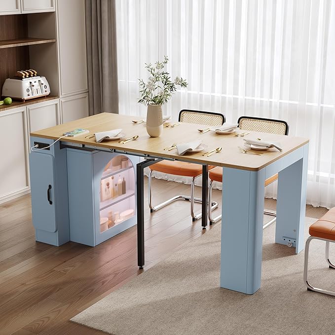 SOFTSEA Extendable Dining Table with 3 Removable Leaves, Mobile Rolling Island Table with USB Ports & Power Outlet, Foldable Kitchen Cabinet for Dining Room Living Room, Blue Grey