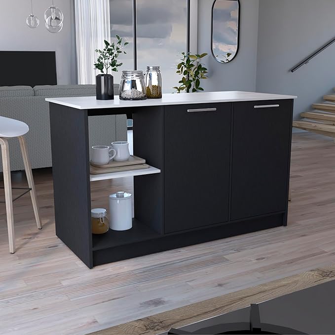 GOWE Juniper Kitchen Island with Large Top Surface, Double Door Cabinet, and Open Shelves Black/Ibiza Marble