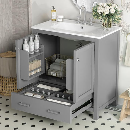 GDFStudio 30" Bathroom Vanity Sink Combo with 1 Drawers & 2 Soft Closing Doors Floor Mount Freestanding Wood Bathroom Storage Cabinet Set with Ceramic Basin Sink Top for Small Bathroom Space, Green