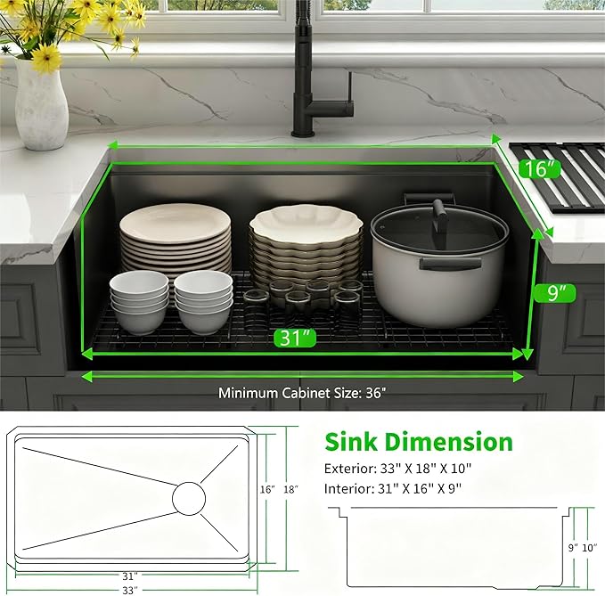Kitsitchen Black Undermount Kitchen Sink 33 X 18 Inch,16 Gauge Stainless Steel Workstation Sinks with Abundant Accessories,33 Inch Large and Deep Single Bowl Kitchen Sinks,Modern&Offset Drain Design