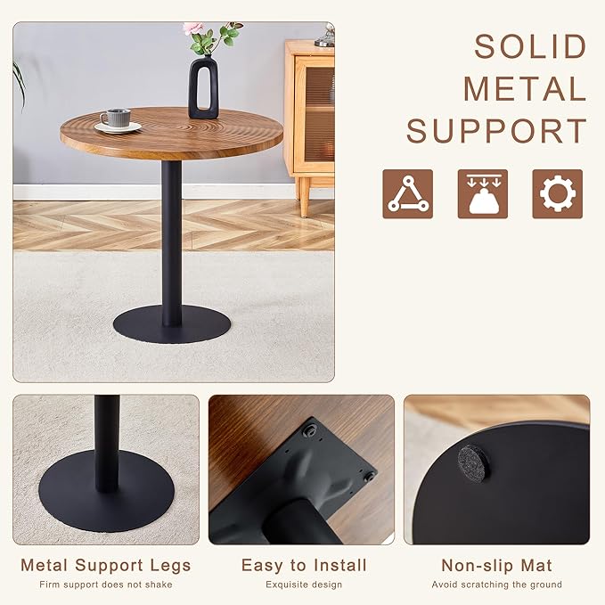 Round Dining Table Set for 4 People, 31.5 Inch Dark Wood Grain Table with Suction Molding Annular Texture and 4 Black PU Chairs with Vertical Stripe Design, for Kitchen and Dining Room
