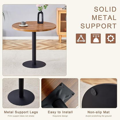 Round Dining Table Set for 4 People, 31.5 Inch Dark Wood Grain Table with Suction Molding Annular Texture and 4 Black PU Chairs with Vertical Stripe Design, for Kitchen and Dining Room